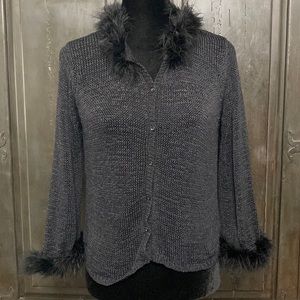 Vintage IMY Black cardigan sweater w/fur on collar & cuffs - size small